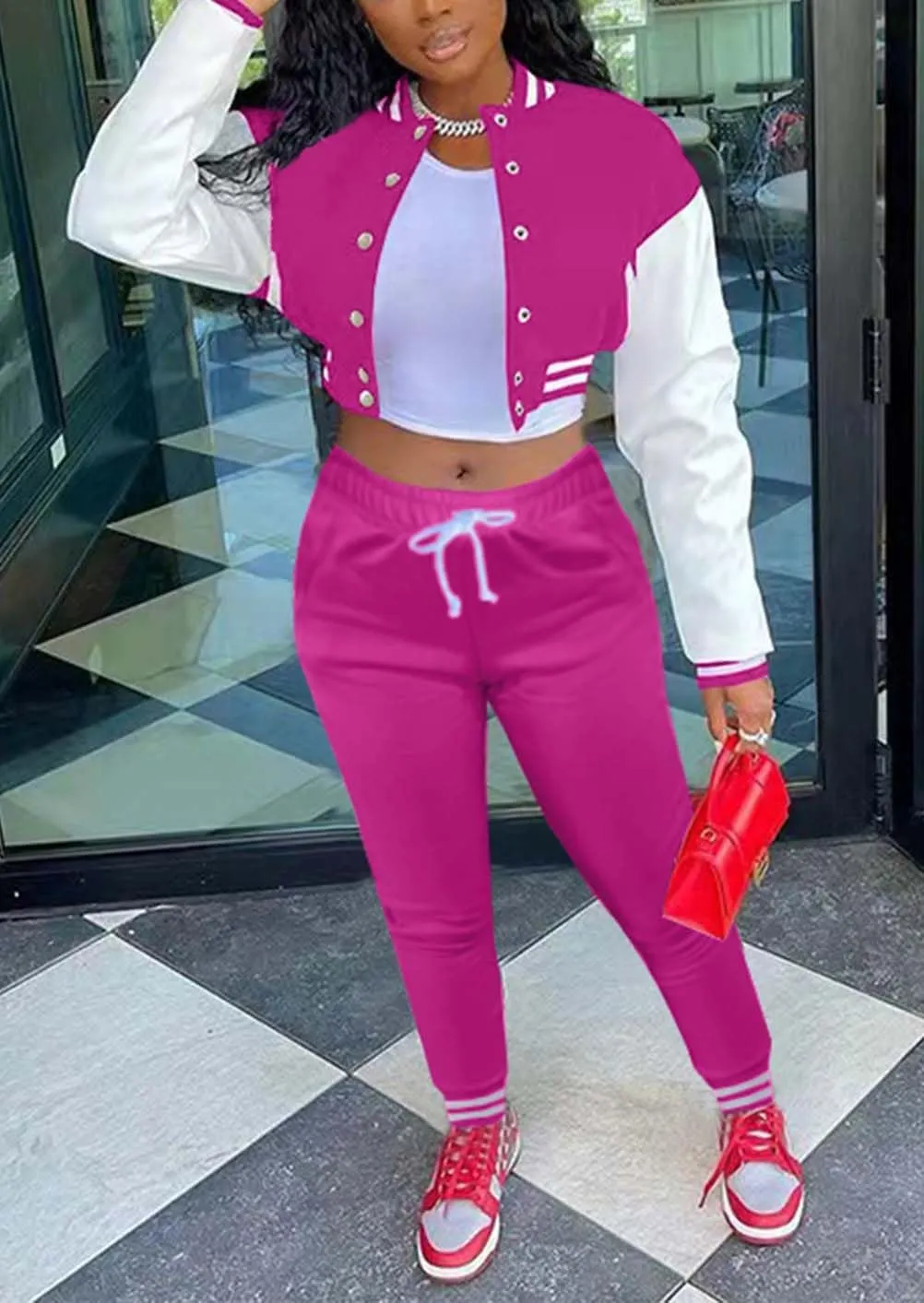 Fooullaide Women's Varsity Jacket Sweatsuit 2 Piece Tracksuit Crop Top Button Down Letterman Jackets Pants Sets