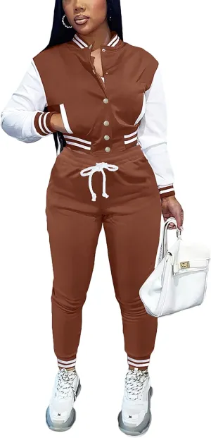 Fooullaide Women's Varsity Jacket Sweatsuit 2 Piece Tracksuit Crop Top Button Down Letterman Jackets Pants Sets