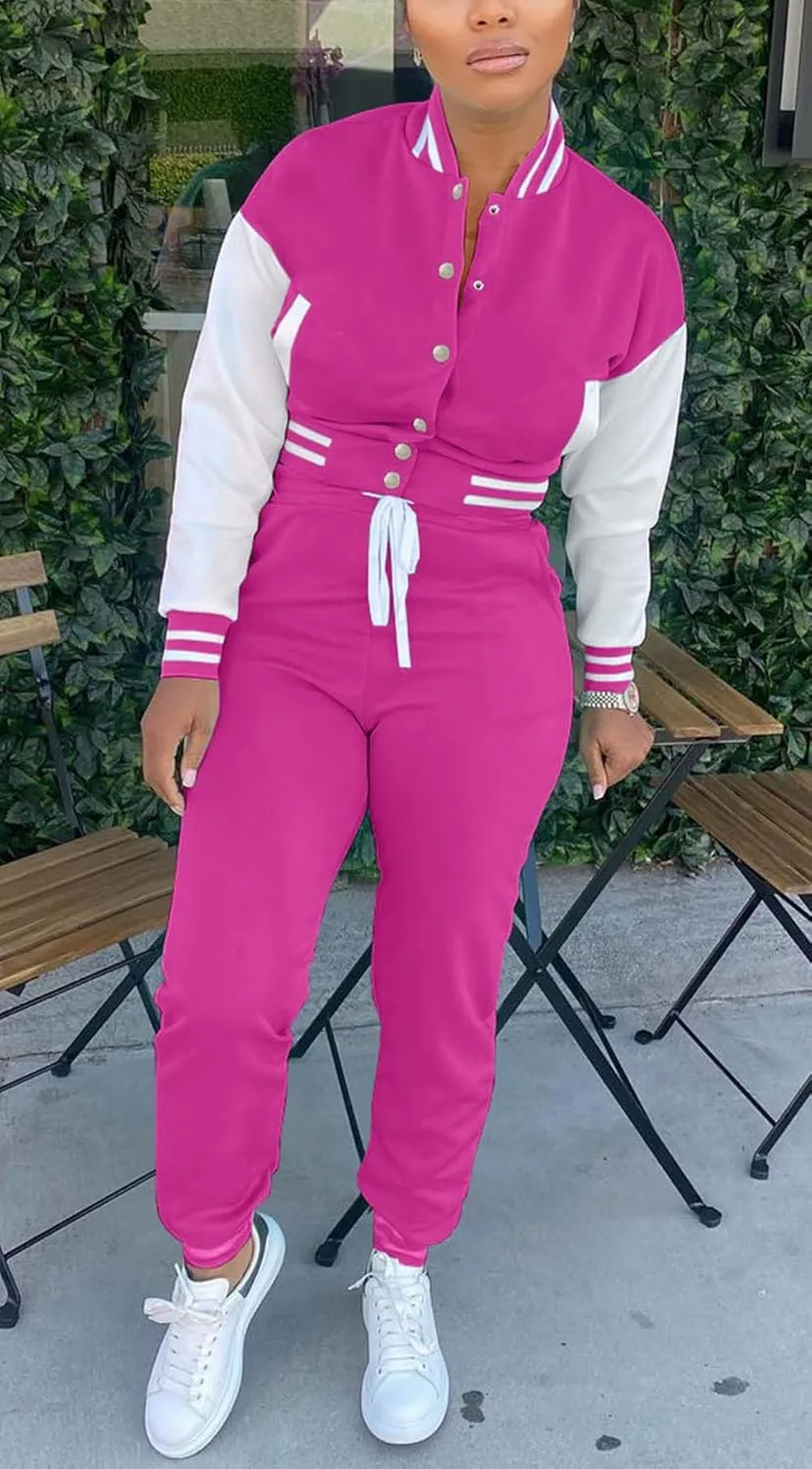 Fooullaide Women's Varsity Jacket Sweatsuit 2 Piece Tracksuit Crop Top Button Down Letterman Jackets Pants Sets
