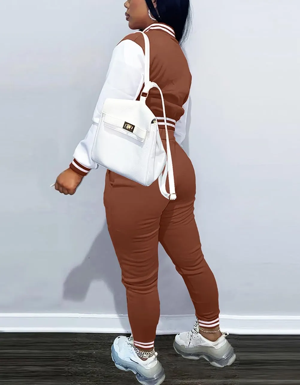 Fooullaide Women's Varsity Jacket Sweatsuit 2 Piece Tracksuit Crop Top Button Down Letterman Jackets Pants Sets