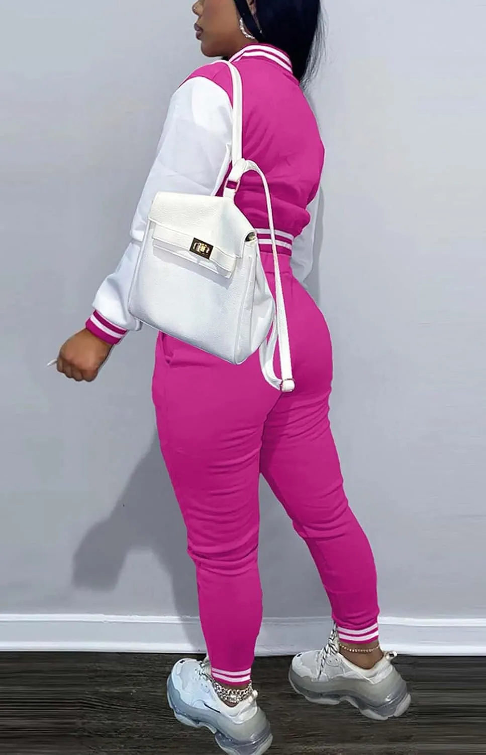 Fooullaide Women's Varsity Jacket Sweatsuit 2 Piece Tracksuit Crop Top Button Down Letterman Jackets Pants Sets