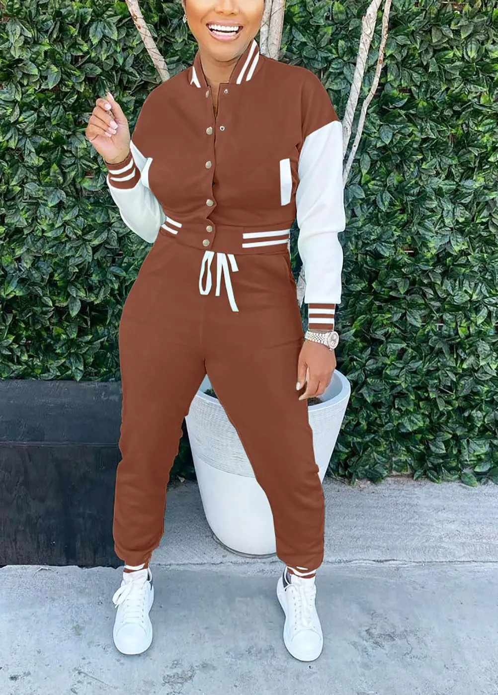 Fooullaide Women's Varsity Jacket Sweatsuit 2 Piece Tracksuit Crop Top Button Down Letterman Jackets Pants Sets