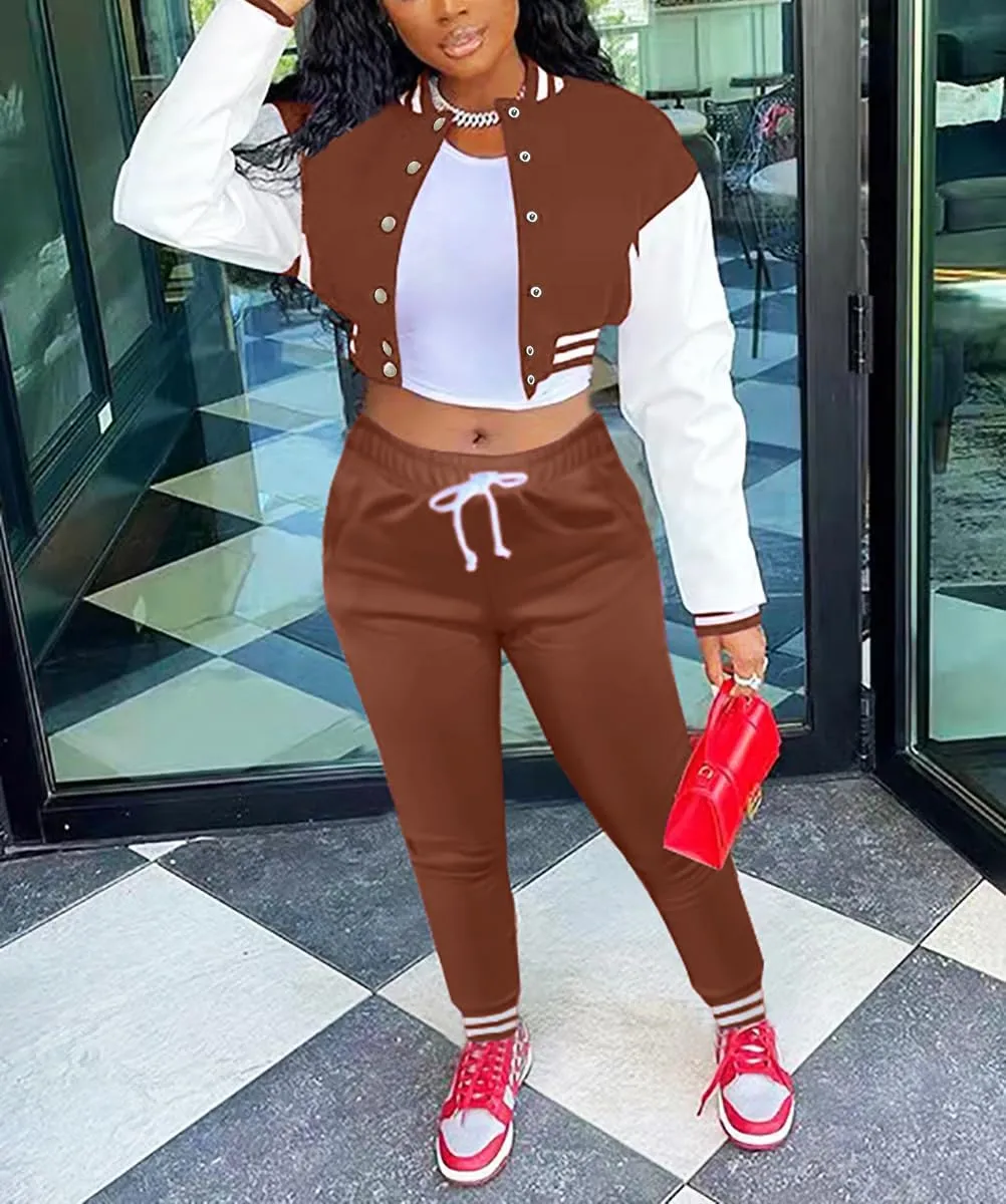 Fooullaide Women's Varsity Jacket Sweatsuit 2 Piece Tracksuit Crop Top Button Down Letterman Jackets Pants Sets