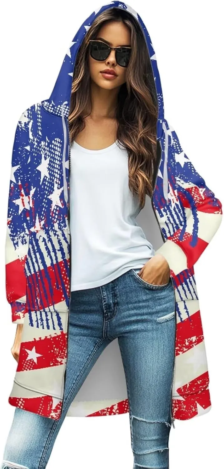 Full Zip up Hoodies Mid-Length Sweatshirt Cardigan Loose Casual Jackets Trendy Coat with Pockets S-3XL