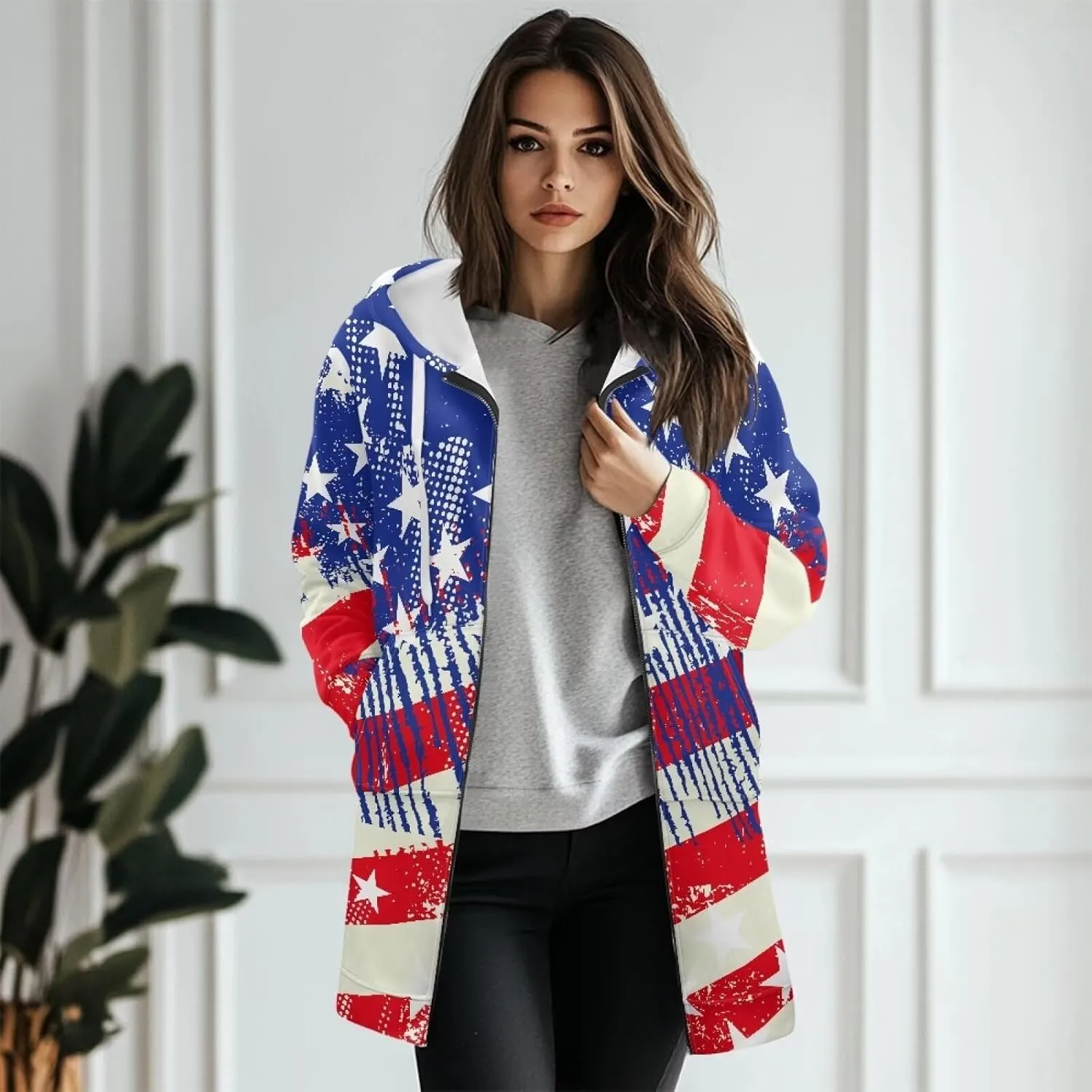 Full Zip up Hoodies Mid-Length Sweatshirt Cardigan Loose Casual Jackets Trendy Coat with Pockets S-3XL