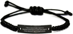 Funny Quote Doctor Rope Bracelet Birthday Unique Gifts from Friends for Doctors, Black Stainless Steel Engraved Rope Adjustable to 9.84 inches, Unique Medical Professional Gift