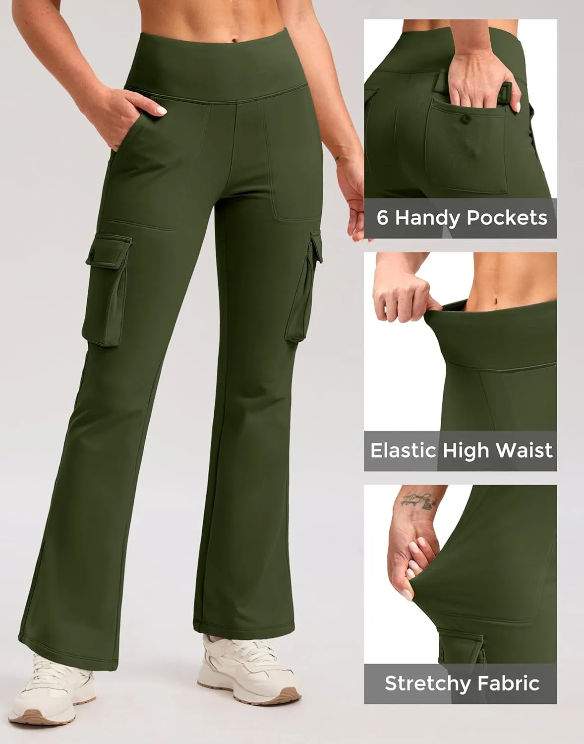 G Gradual Women's Fleece Lined Cargo Pants 6 Pockets Bootcut Water Resistant Winter Flare Leggings for Work, Hiking, Travel