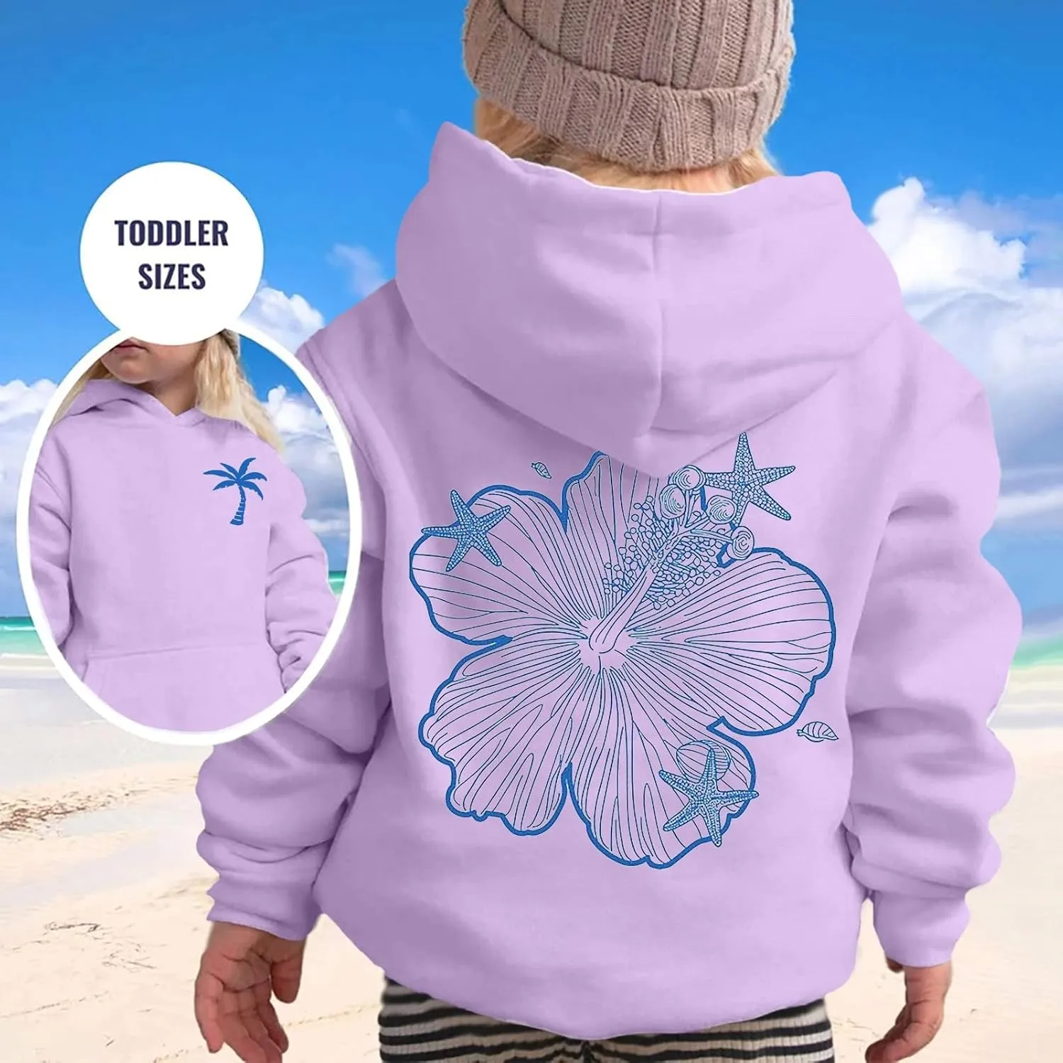 Girls Graphic Hoodies Ocean Coconut Tree Flowers Print Sweatshirts Y2K Oversized Pullover Casual Loose Long Sleeve Tops