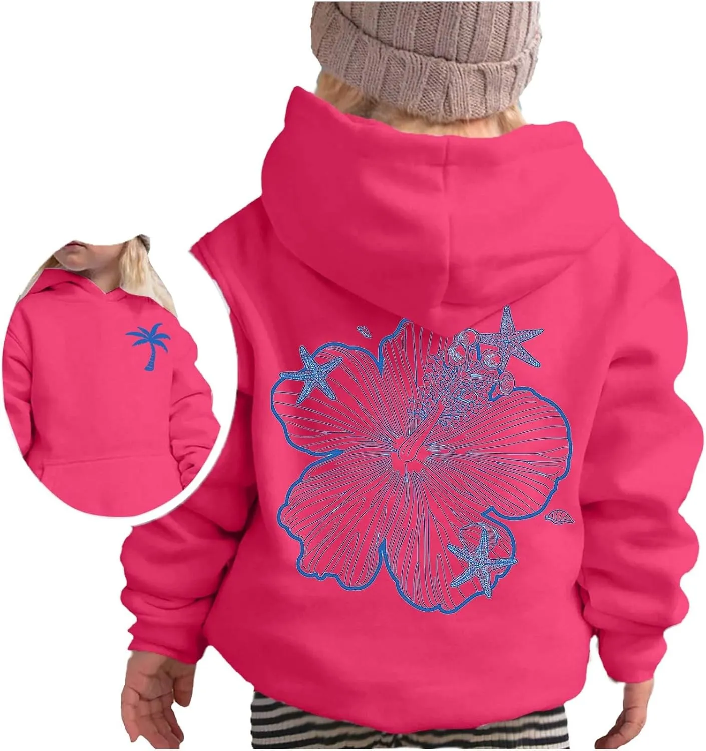 Girls Graphic Hoodies Ocean Coconut Tree Flowers Print Sweatshirts Y2K Oversized Pullover Casual Loose Long Sleeve Tops