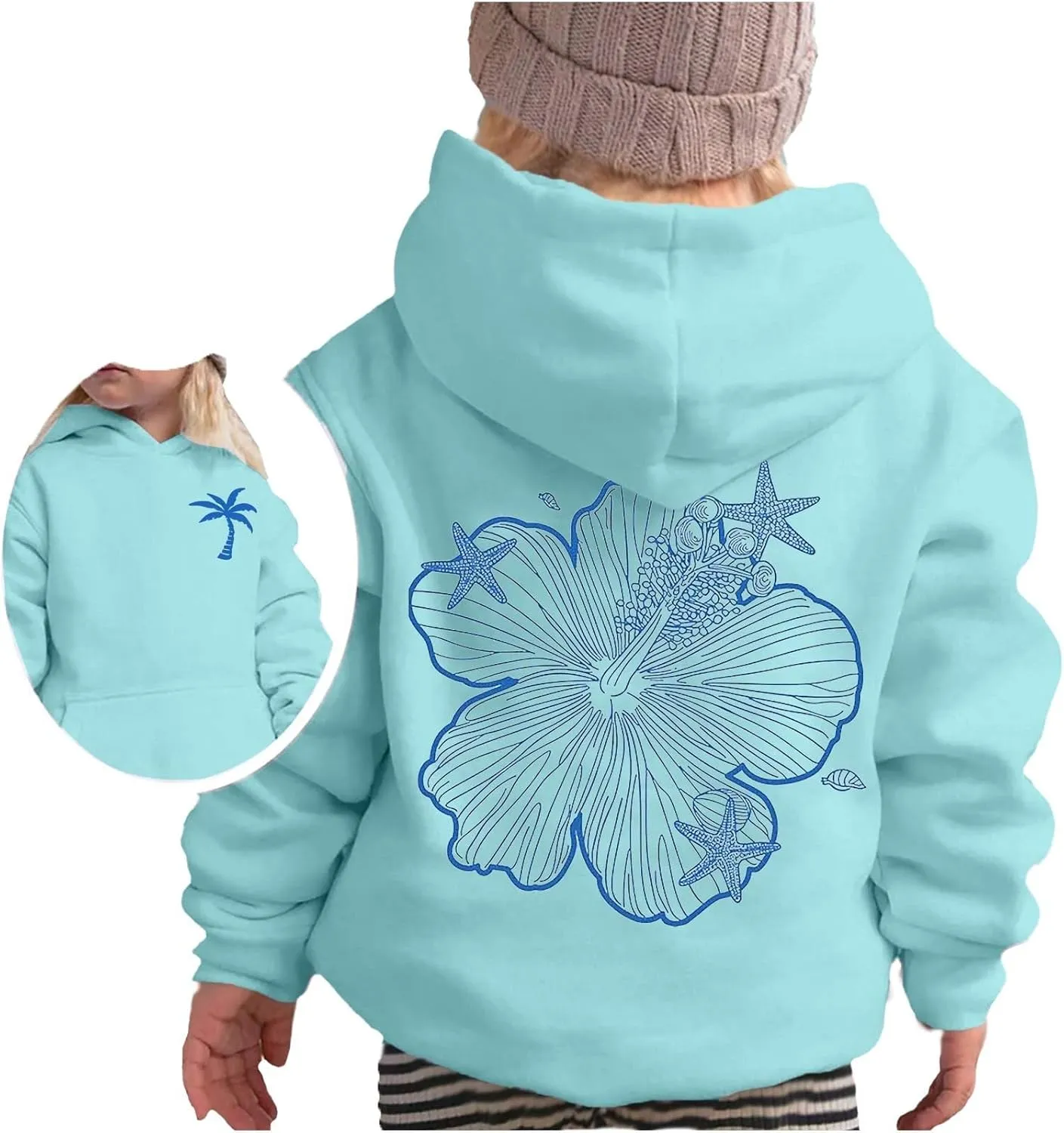 Girls Graphic Hoodies Ocean Coconut Tree Flowers Print Sweatshirts Y2K Oversized Pullover Casual Loose Long Sleeve Tops