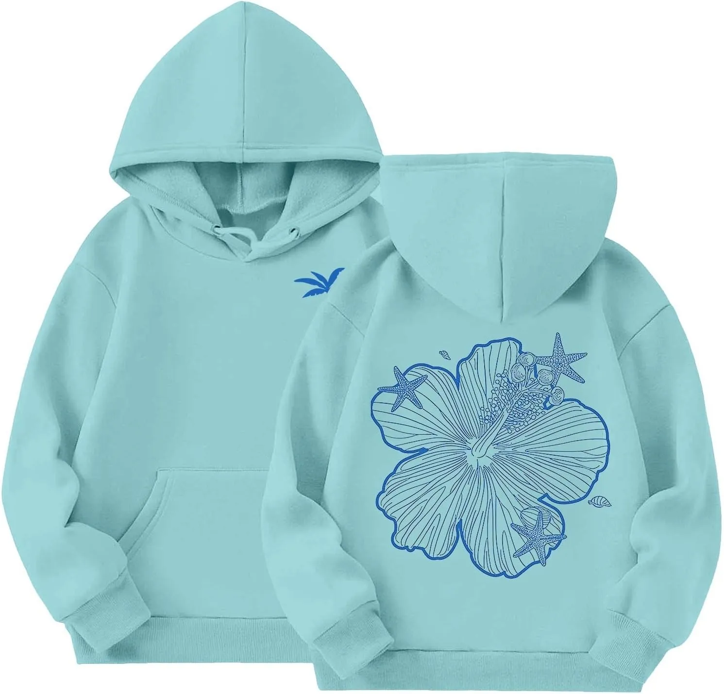 Girls Graphic Hoodies Ocean Coconut Tree Flowers Print Sweatshirts Y2K Oversized Pullover Casual Loose Long Sleeve Tops