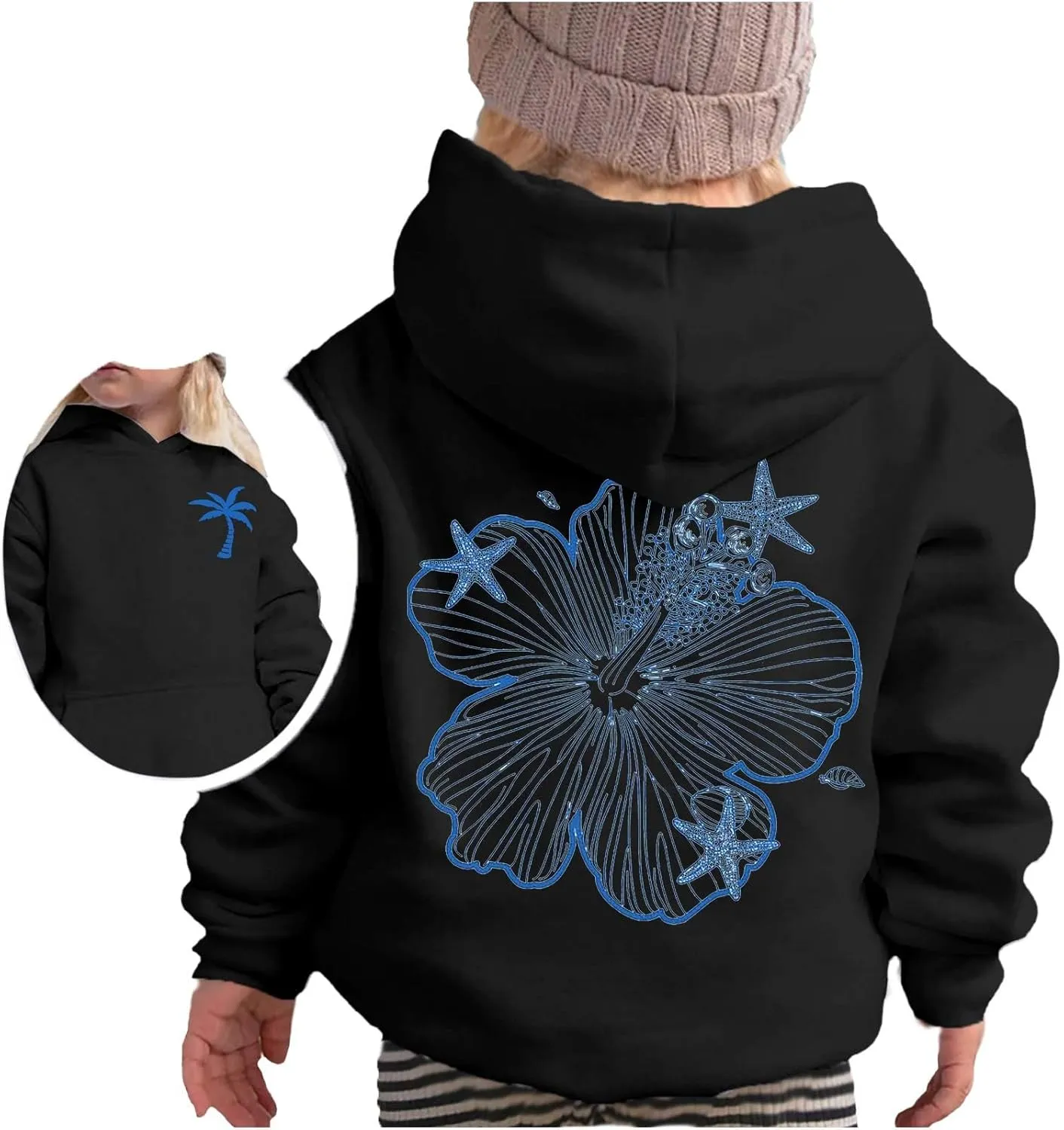 Girls Graphic Hoodies Ocean Coconut Tree Flowers Print Sweatshirts Y2K Oversized Pullover Casual Loose Long Sleeve Tops