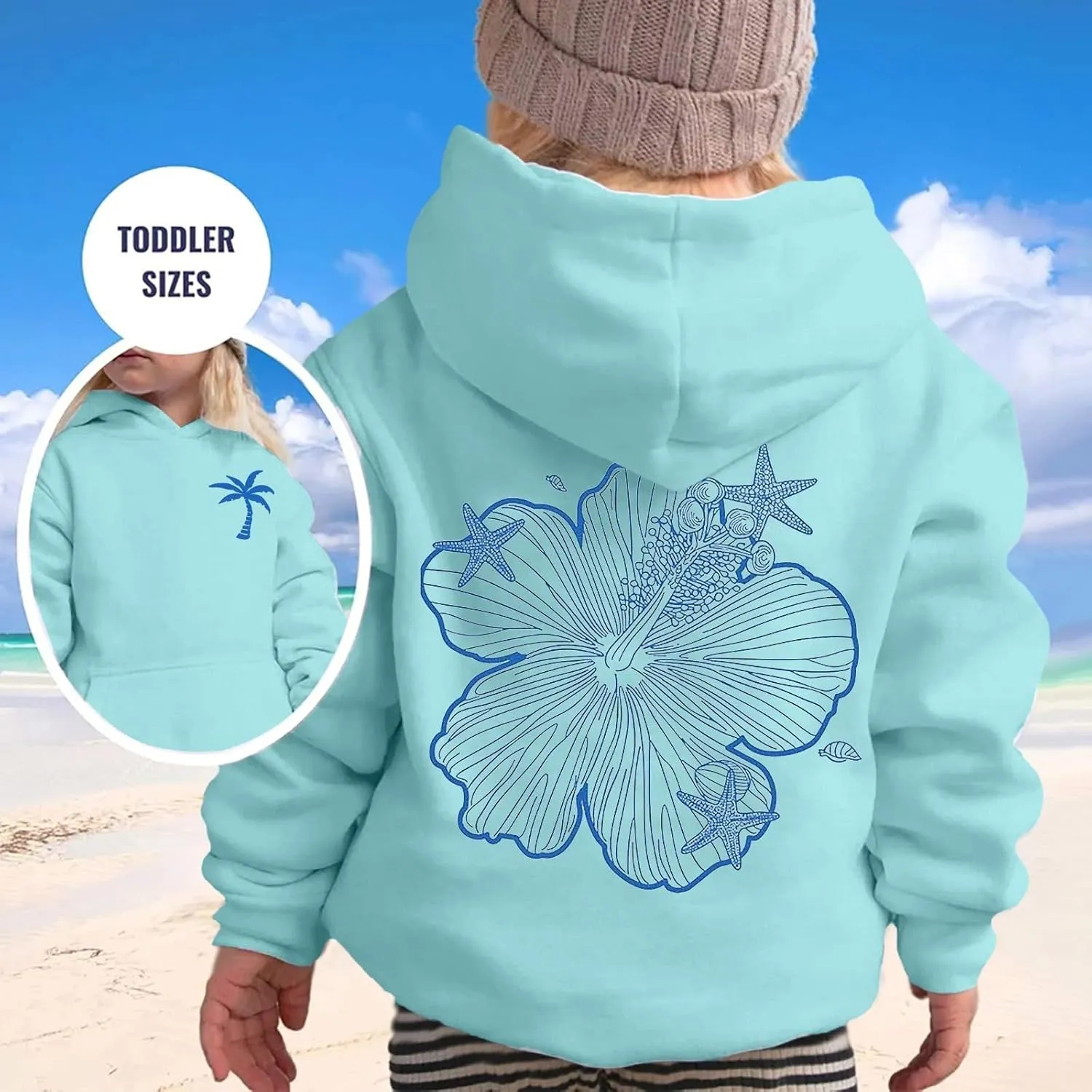 Girls Graphic Hoodies Ocean Coconut Tree Flowers Print Sweatshirts Y2K Oversized Pullover Casual Loose Long Sleeve Tops
