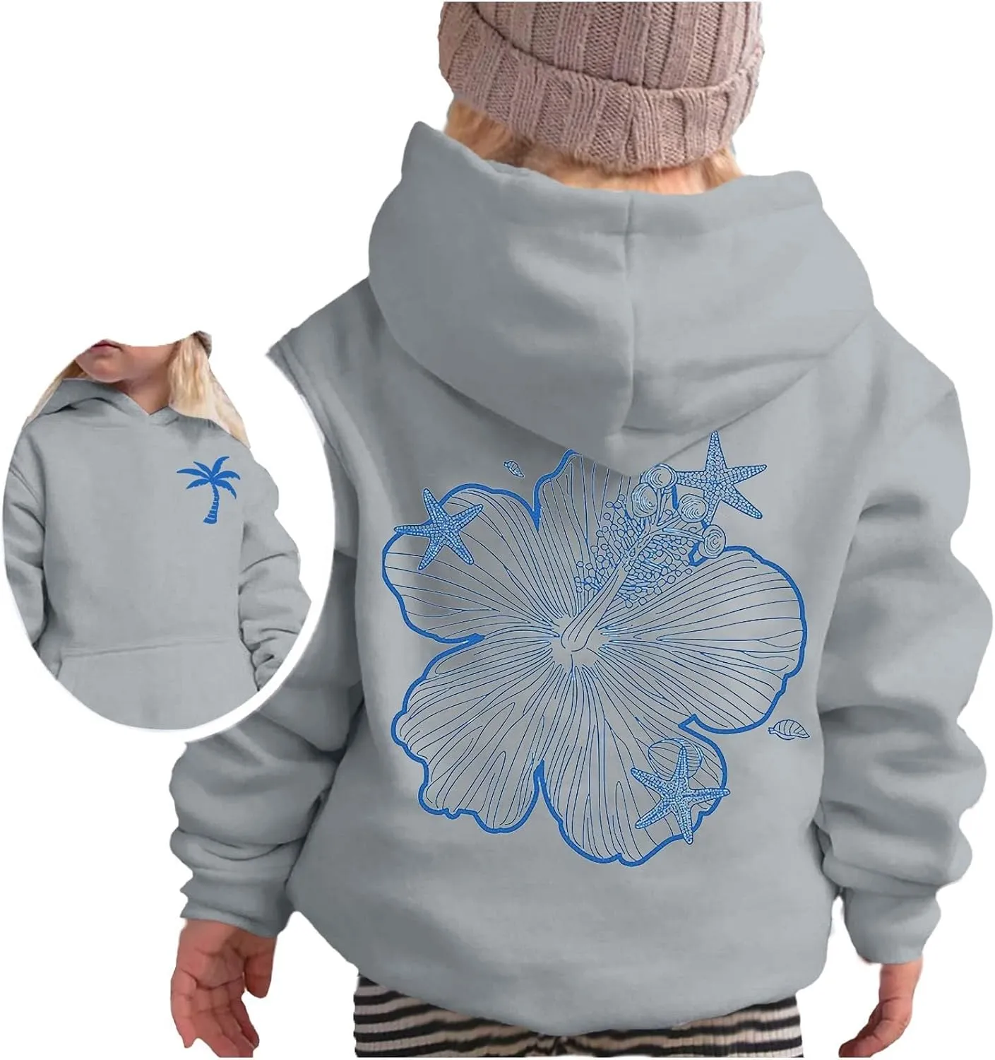 Girls Graphic Hoodies Ocean Coconut Tree Flowers Print Sweatshirts Y2K Oversized Pullover Casual Loose Long Sleeve Tops