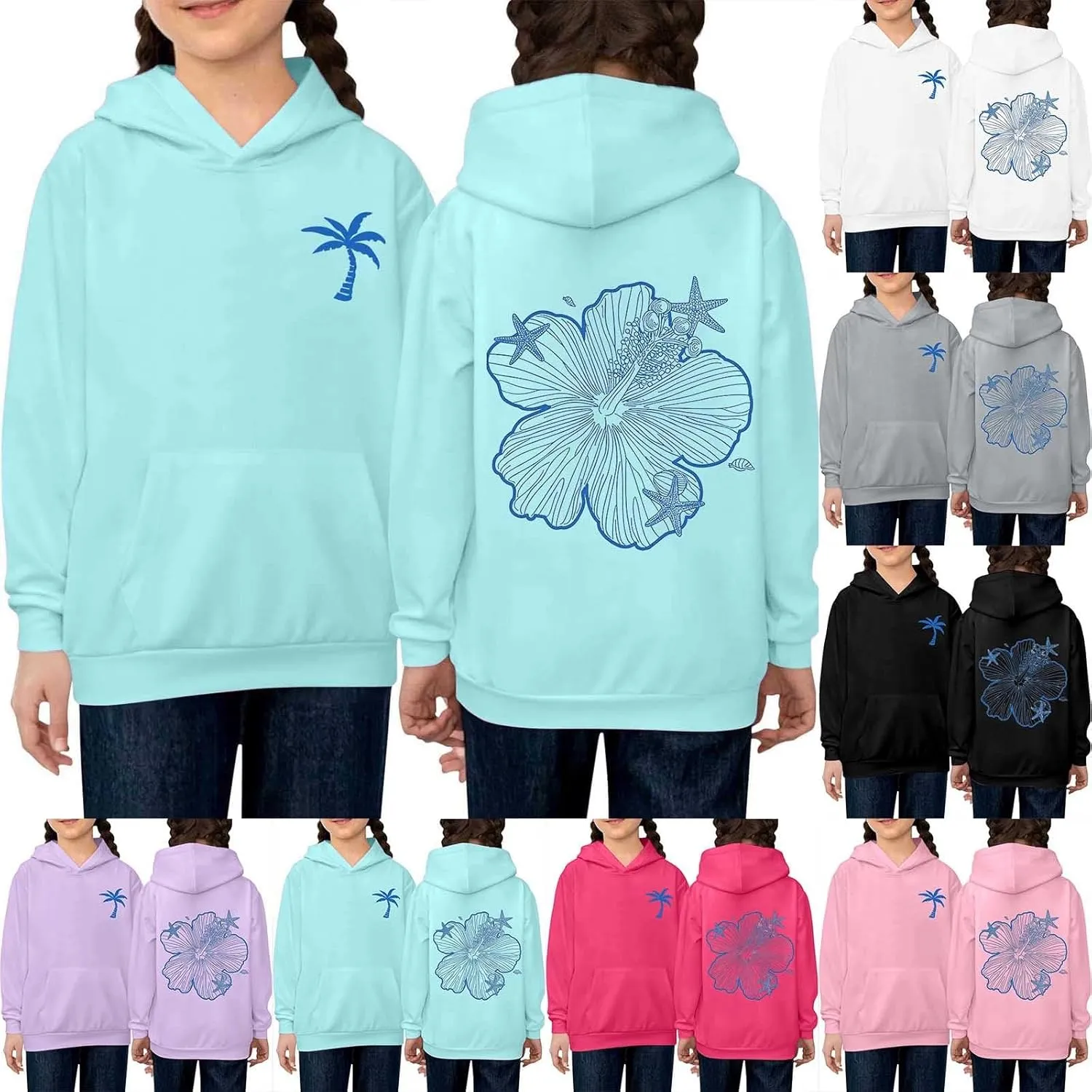 Girls Graphic Hoodies Ocean Coconut Tree Flowers Print Sweatshirts Y2K Oversized Pullover Casual Loose Long Sleeve Tops