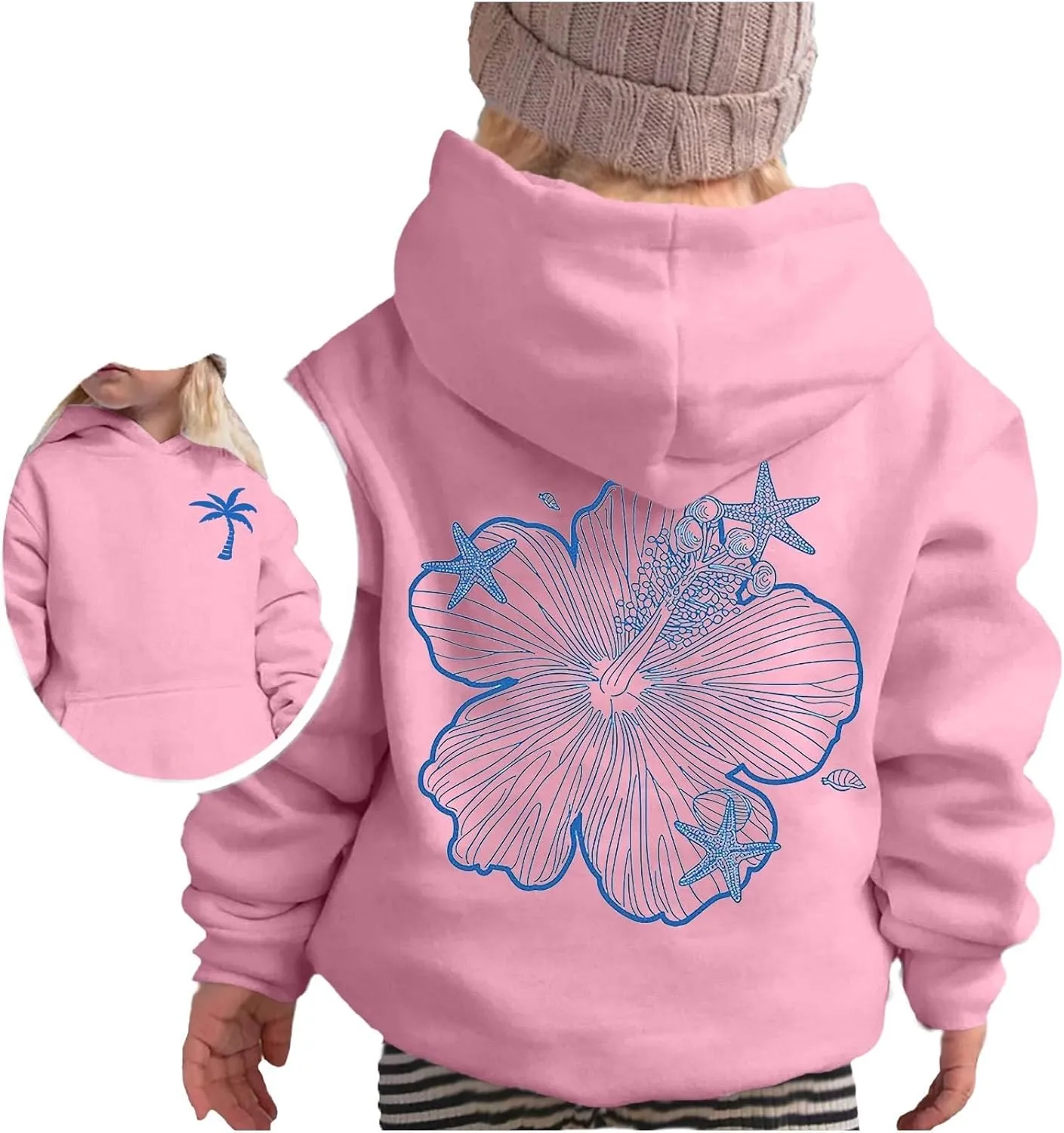 Girls Graphic Hoodies Ocean Coconut Tree Flowers Print Sweatshirts Y2K Oversized Pullover Casual Loose Long Sleeve Tops