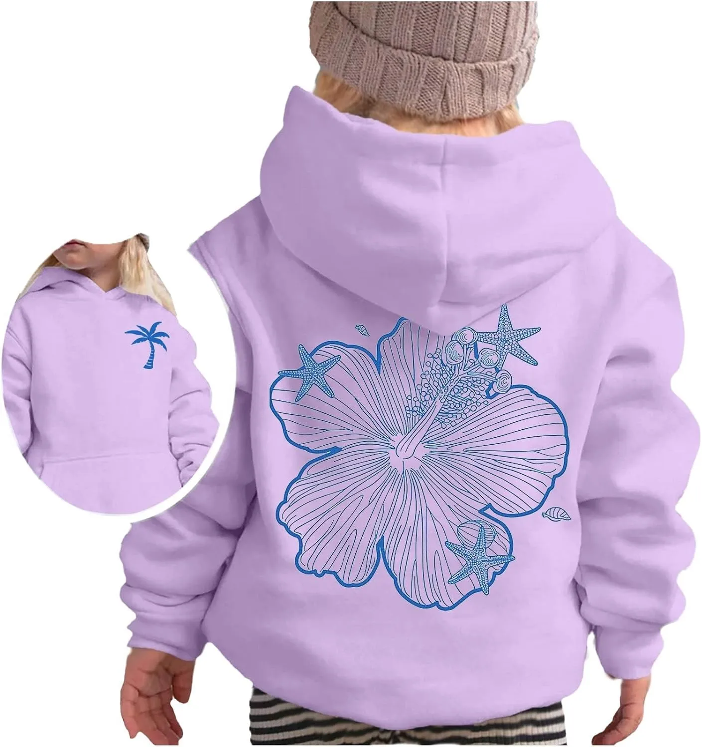 Girls Graphic Hoodies Ocean Coconut Tree Flowers Print Sweatshirts Y2K Oversized Pullover Casual Loose Long Sleeve Tops
