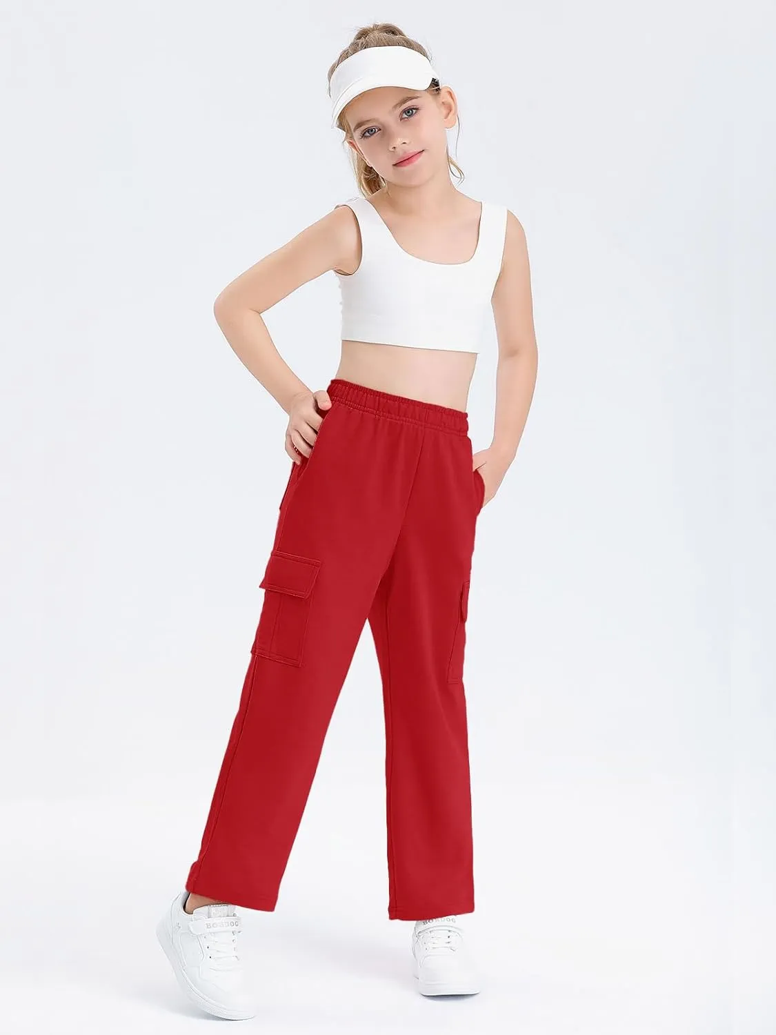 Girls Kids Cargo Sweatpants Wide Straight Leg Jogger Pants 5-14 Years