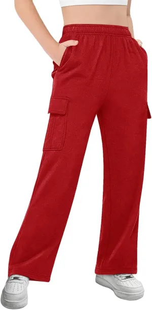 Girls Kids Cargo Sweatpants Wide Straight Leg Jogger Pants 5-14 Years
