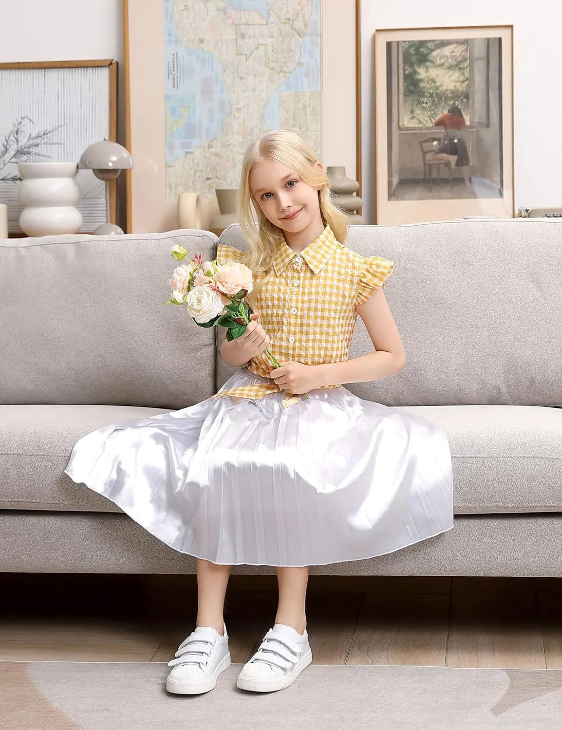 Girls Pleasted Maxi Skirt Elastic High Waist A-Line Swing Long Skirt for 3-12Y
