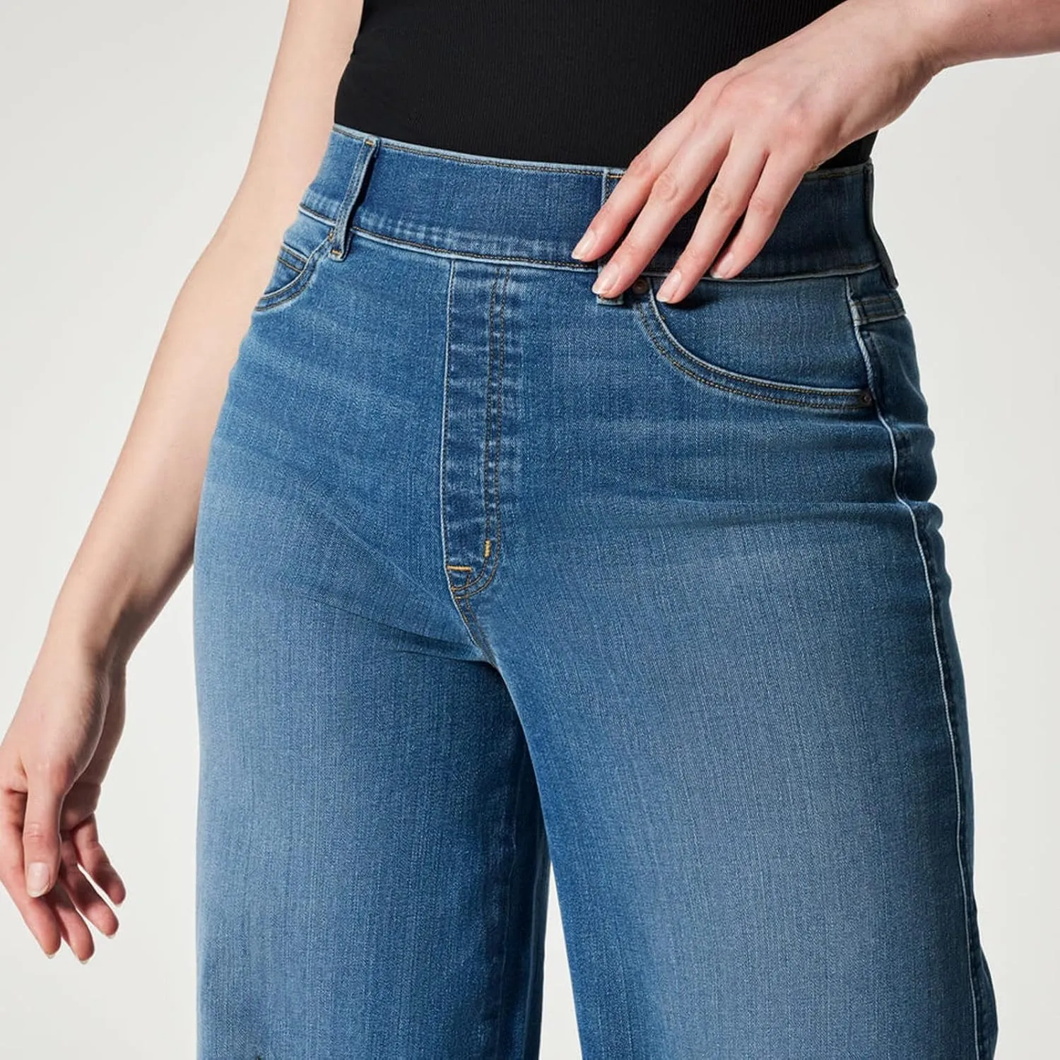 Gumipy Women Seamed Front Wide Leg Jeans Elastic Waist Stretch Denim Flare Jeans High Waisted Baggy Jean Bell Bottom Jeans