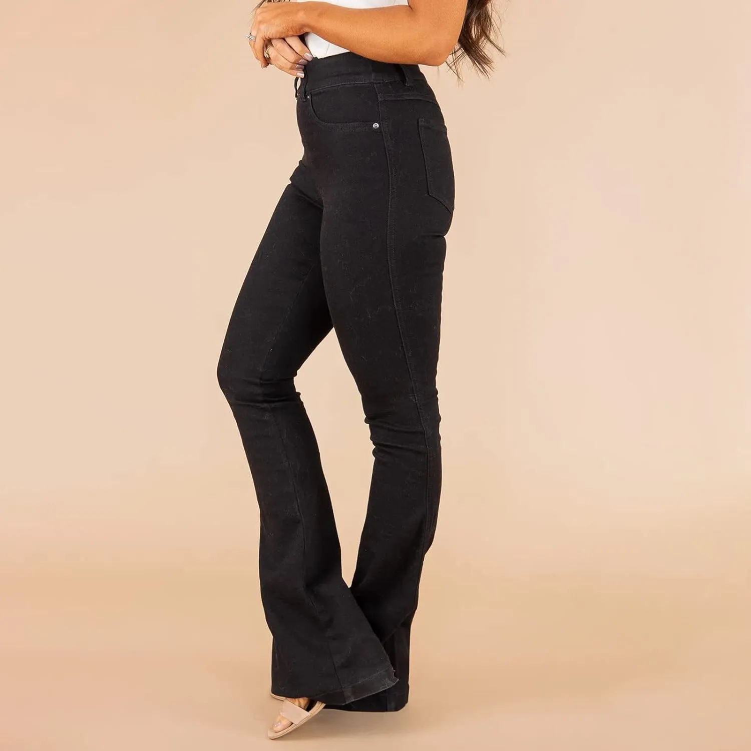 Gumipy Women Seamed Front Wide Leg Jeans Elastic Waist Stretch Denim Flare Jeans High Waisted Baggy Jean Bell Bottom Jeans