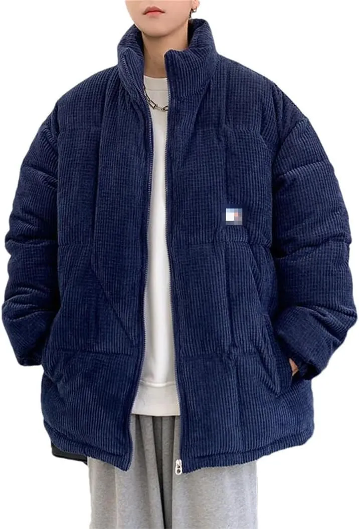 Haitpant Men Winter Corduroy Puffer Jacket Casual Loose Thicken Warm Parkas Solid Stand Collar Cotton-Padded Coat