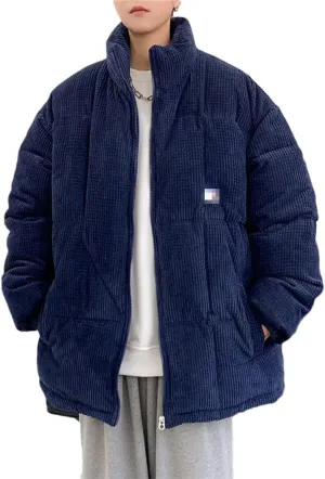 Haitpant Men Winter Corduroy Puffer Jacket Casual Loose Thicken Warm Parkas Solid Stand Collar Cotton-Padded Coat