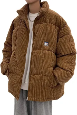 Haitpant Men Winter Corduroy Puffer Jacket Casual Loose Thicken Warm Parkas Solid Stand Collar Cotton-Padded Coat