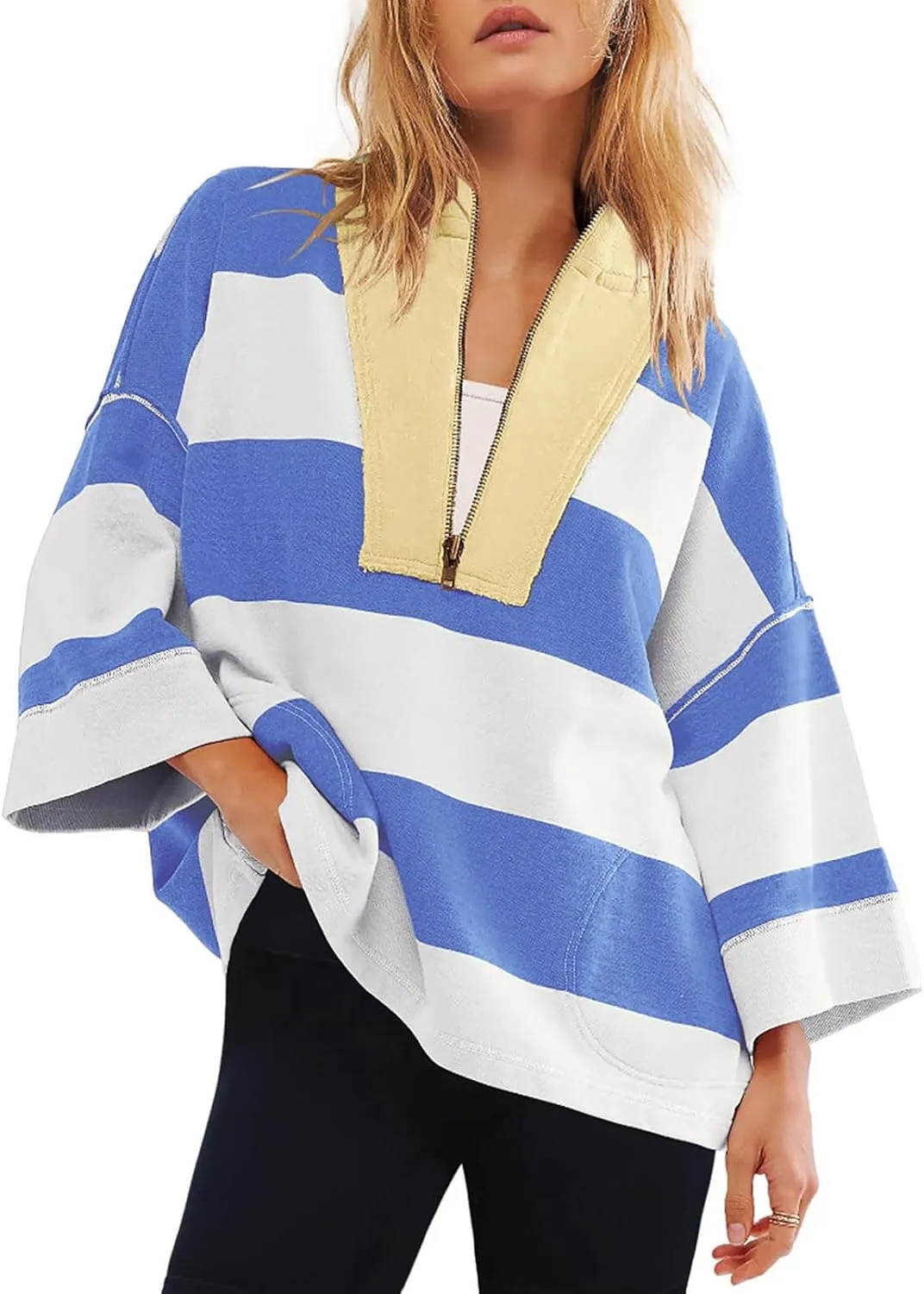 Half Zip Up Sweatshirt Women Trendy Oversized Color Block Drop Shoulder Pullover Tops Loose Long Sleeve Fall Shirts