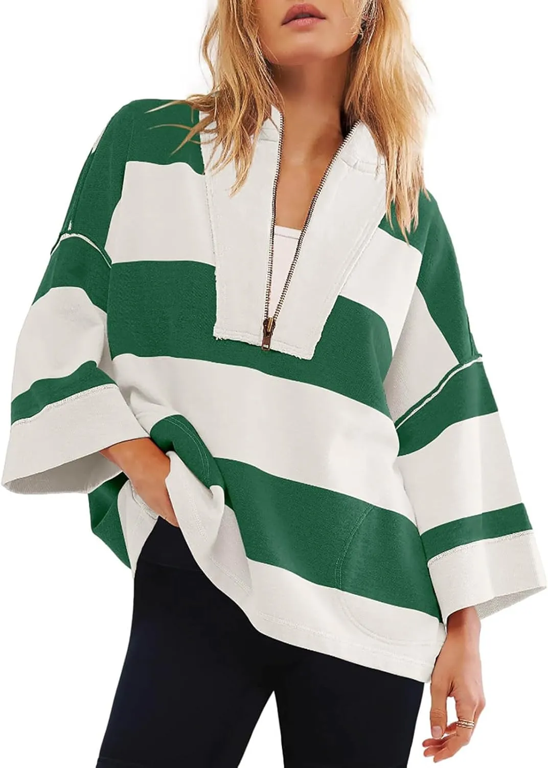 Half Zip Up Sweatshirt Women Trendy Oversized Color Block Drop Shoulder Pullover Tops Loose Long Sleeve Fall Shirts