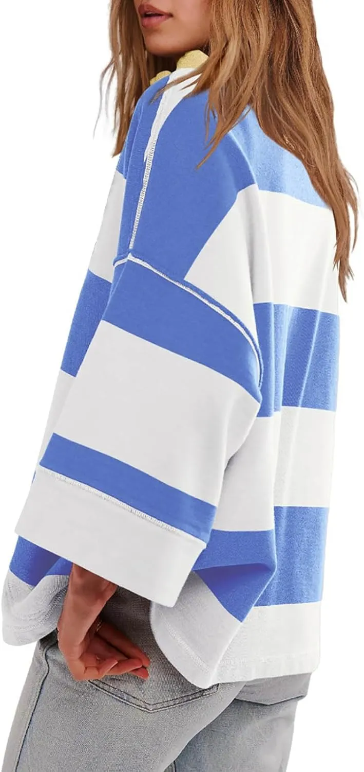 Half Zip Up Sweatshirt Women Trendy Oversized Color Block Drop Shoulder Pullover Tops Loose Long Sleeve Fall Shirts