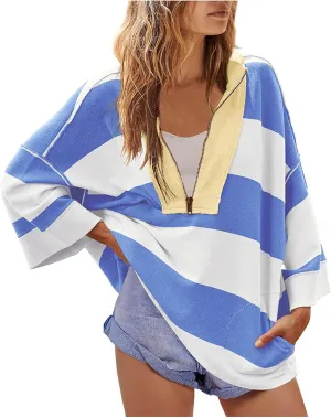 Half Zip Up Sweatshirt Women Trendy Oversized Color Block Drop Shoulder Pullover Tops Loose Long Sleeve Fall Shirts