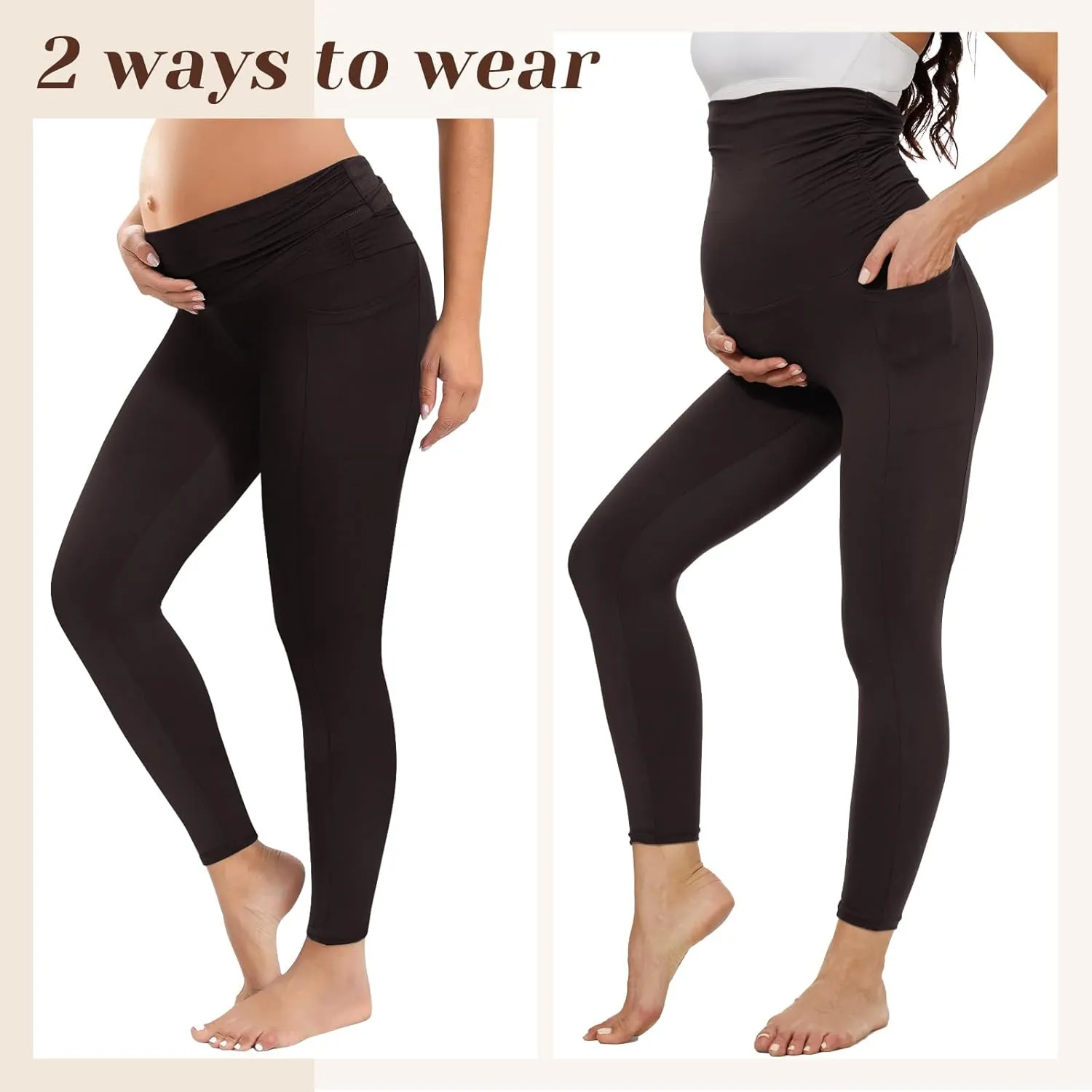 Happy.angel 2 Pack Maternity Fleece Lined Leggings Over The Belly, Womens Black Workout Yoga Pregnancy Pants with Pockets