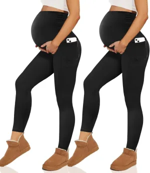 Happy.angel 2 Pack Maternity Fleece Lined Leggings Over The Belly, Womens Black Workout Yoga Pregnancy Pants with Pockets