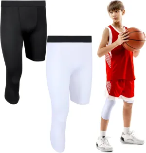 Hercicy 2 Packs Boys' Youth One Leg 3/4 Compression Tights for Football Basketball Capri Tights Athletic Base Layer Pants