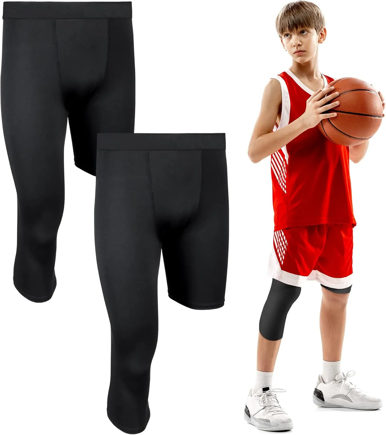 Hercicy 2 Packs Boys' Youth One Leg 3/4 Compression Tights for Football Basketball Capri Tights Athletic Base Layer Pants