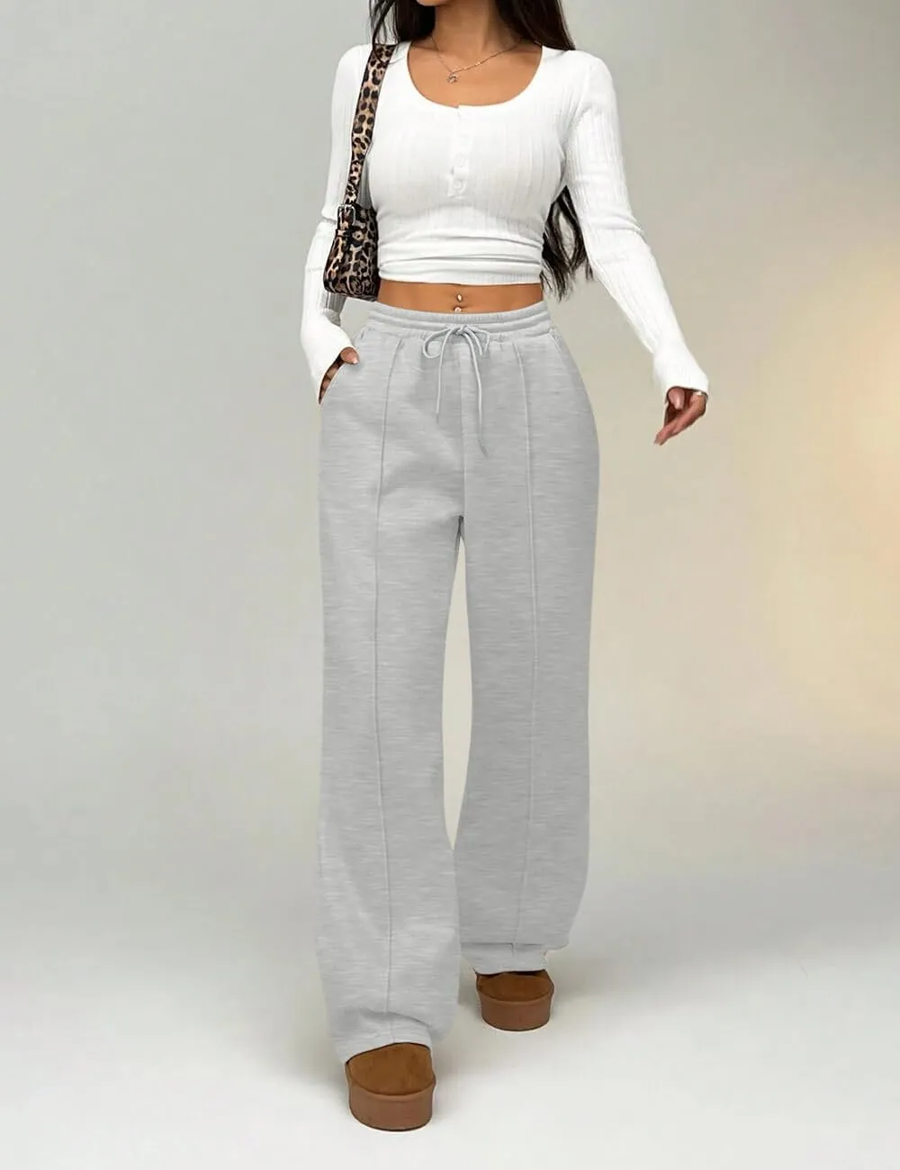 HeSaYep Women's Wide Leg Fleece Sweatpants High Waist Baggy Pants Drawstring Athletic Sweat Pants