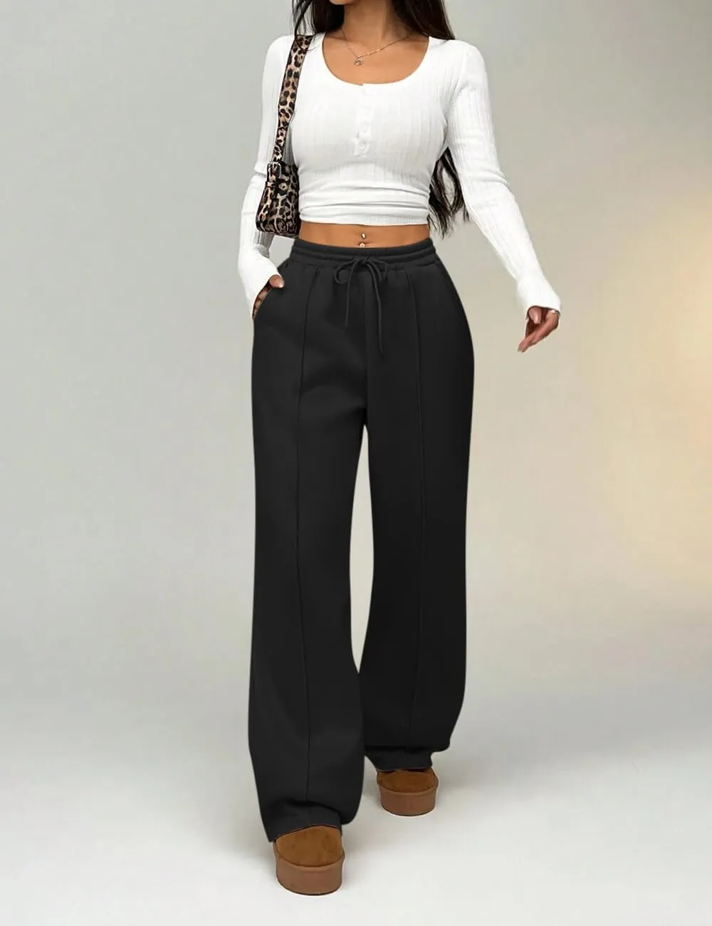 HeSaYep Women's Wide Leg Fleece Sweatpants High Waist Baggy Pants Drawstring Athletic Sweat Pants