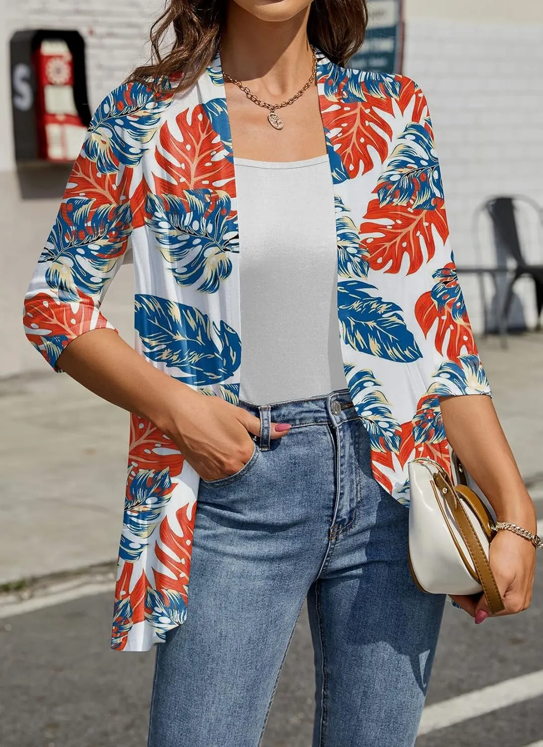 HOCOSIT Womens Casual Open Front Cardigans Lightweight Drape Ruffles 3/4 Sleeve Cardigan S-XXL