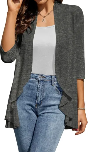 HOCOSIT Womens Casual Open Front Cardigans Lightweight Drape Ruffles 3/4 Sleeve Cardigan S-XXL