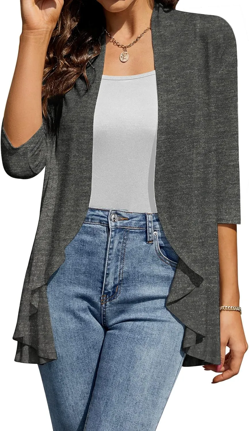 HOCOSIT Womens Casual Open Front Cardigans Lightweight Drape Ruffles 3/4 Sleeve Cardigan S-XXL