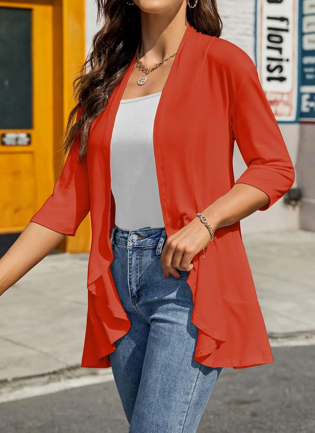 HOCOSIT Womens Casual Open Front Cardigans Lightweight Drape Ruffles 3/4 Sleeve Cardigan S-XXL