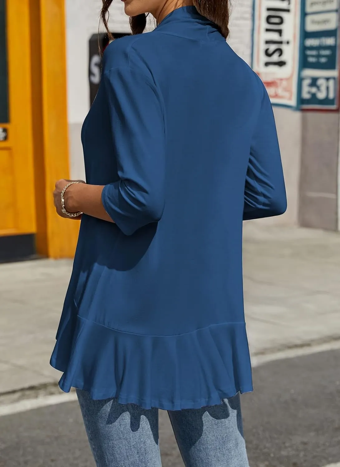 HOCOSIT Womens Casual Open Front Cardigans Lightweight Drape Ruffles 3/4 Sleeve Cardigan S-XXL
