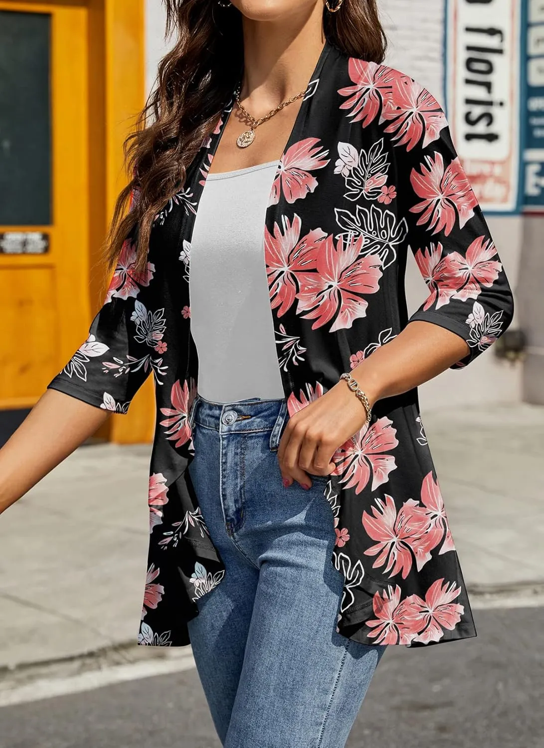 HOCOSIT Womens Casual Open Front Cardigans Lightweight Drape Ruffles 3/4 Sleeve Cardigan S-XXL