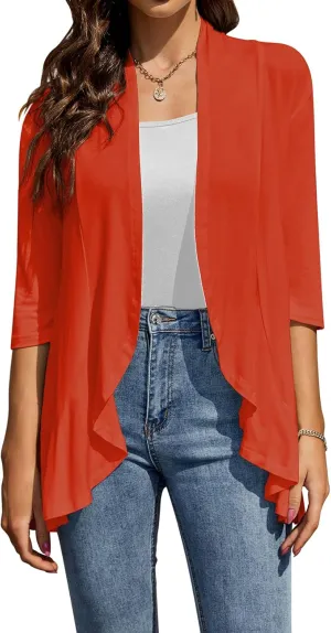 HOCOSIT Womens Casual Open Front Cardigans Lightweight Drape Ruffles 3/4 Sleeve Cardigan S-XXL