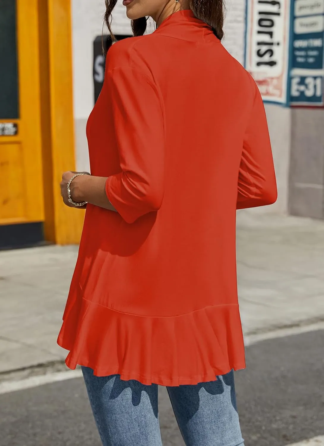 HOCOSIT Womens Casual Open Front Cardigans Lightweight Drape Ruffles 3/4 Sleeve Cardigan S-XXL