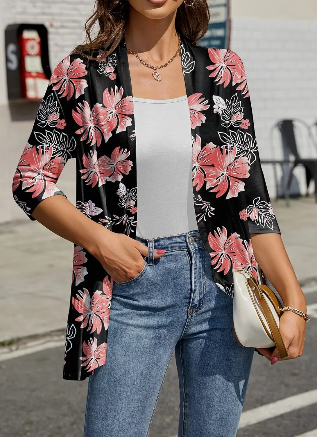HOCOSIT Womens Casual Open Front Cardigans Lightweight Drape Ruffles 3/4 Sleeve Cardigan S-XXL