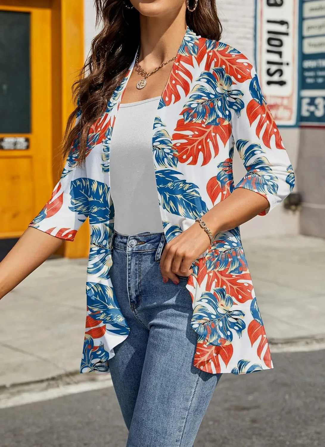 HOCOSIT Womens Casual Open Front Cardigans Lightweight Drape Ruffles 3/4 Sleeve Cardigan S-XXL