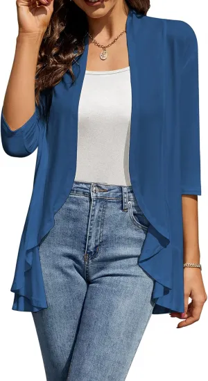HOCOSIT Womens Casual Open Front Cardigans Lightweight Drape Ruffles 3/4 Sleeve Cardigan S-XXL